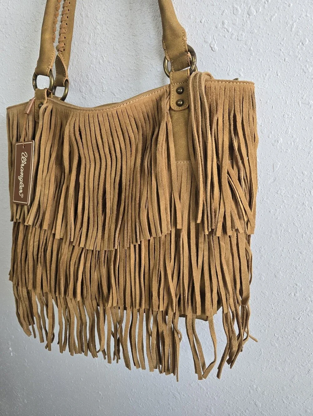 NWT Wrangler Tan Fringe Western Boho Shoulder Tote Bag Whipstitch Purse